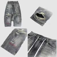 Pantalon cargo en jean délavé et déchiré pour homme, coupe ample, jambe large, style streetwear, personnalisé, en gros