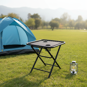 Tavolino Pieghevole Nero da Esterno, Struttura in Acciaio Resistente con Doppio Portabicchieri per Campeggio e Uso in Patio - Product Image 4