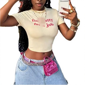 Fashion Letter Print Breathable Digital Printing Casual Streetwear Summer Slim Fit Short <b>Crop</b> <b>Top</b> Tee Women's Xs Size - Product Image 2