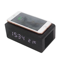 Horloge de table intelligente LED couleur bois naturel (marron/noir) avec haut-parleur Bluetooth et chargeur sans fil pour bureau et extérieur