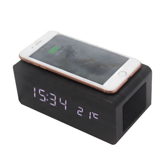 Brown/Black/Wood Natural Color LED Smart Table Clock with Bluetooth Speaker and Wireless Charger for Office & Outdoor Use