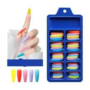 New Best Selling Nail Trick Design Fake Nails 100 Pieces Full Coverage Red Blue Pink Candy Color Professional Nails