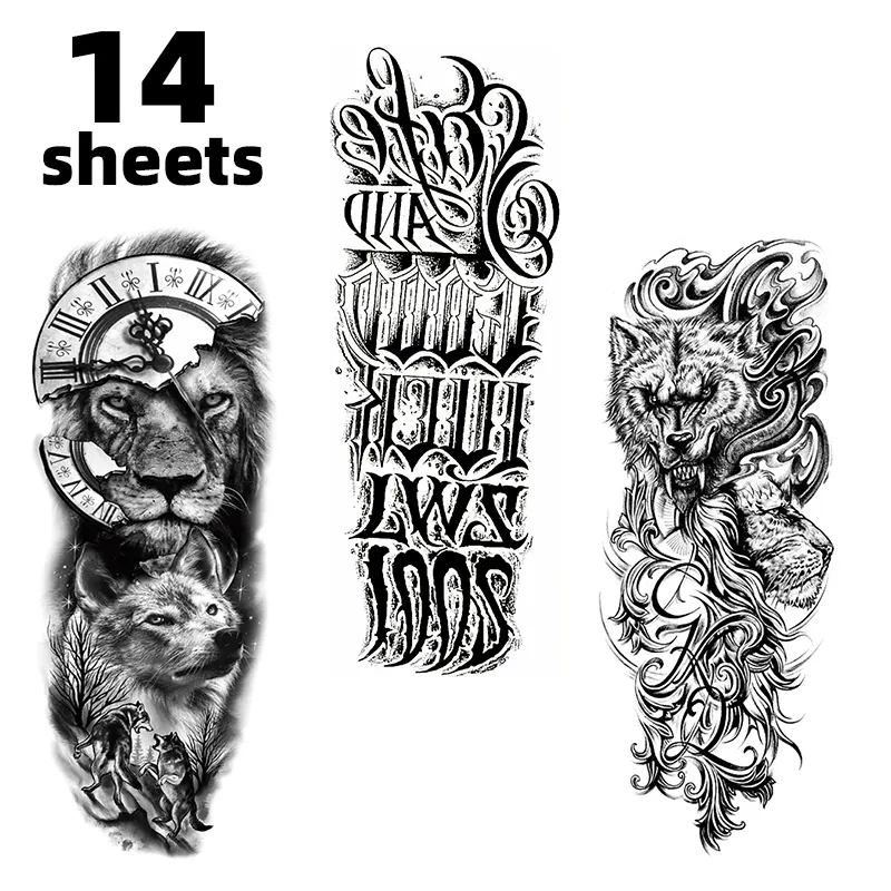 Custom 14 Vellen Realistische Grote Full Arm Mouw Tribal Wolf Leeuw Tattoo Stickers Mannen Waterdichte Tijdelijke Tattoo