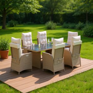 Set da pranzo da giardino beige per 6 persone, mobili da esterno resistenti alle intemperie, tavolo e sedie in vimini - Product Image 3