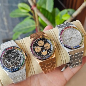 Montre mécanique automatique pour homme ETA, lunette en pierres précieuses arc-en-ciel, boîtier octogonal, calendrier des phases lunaires, bracelet en acier de 20 mm, verre saphir - Product Image 1