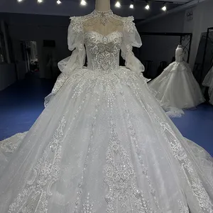 Luxury Wedding Dresses Shiny High Neck Beading Sequined Long Puff Sleeve Princess Trailing Exquisite Bridal Gown XS019