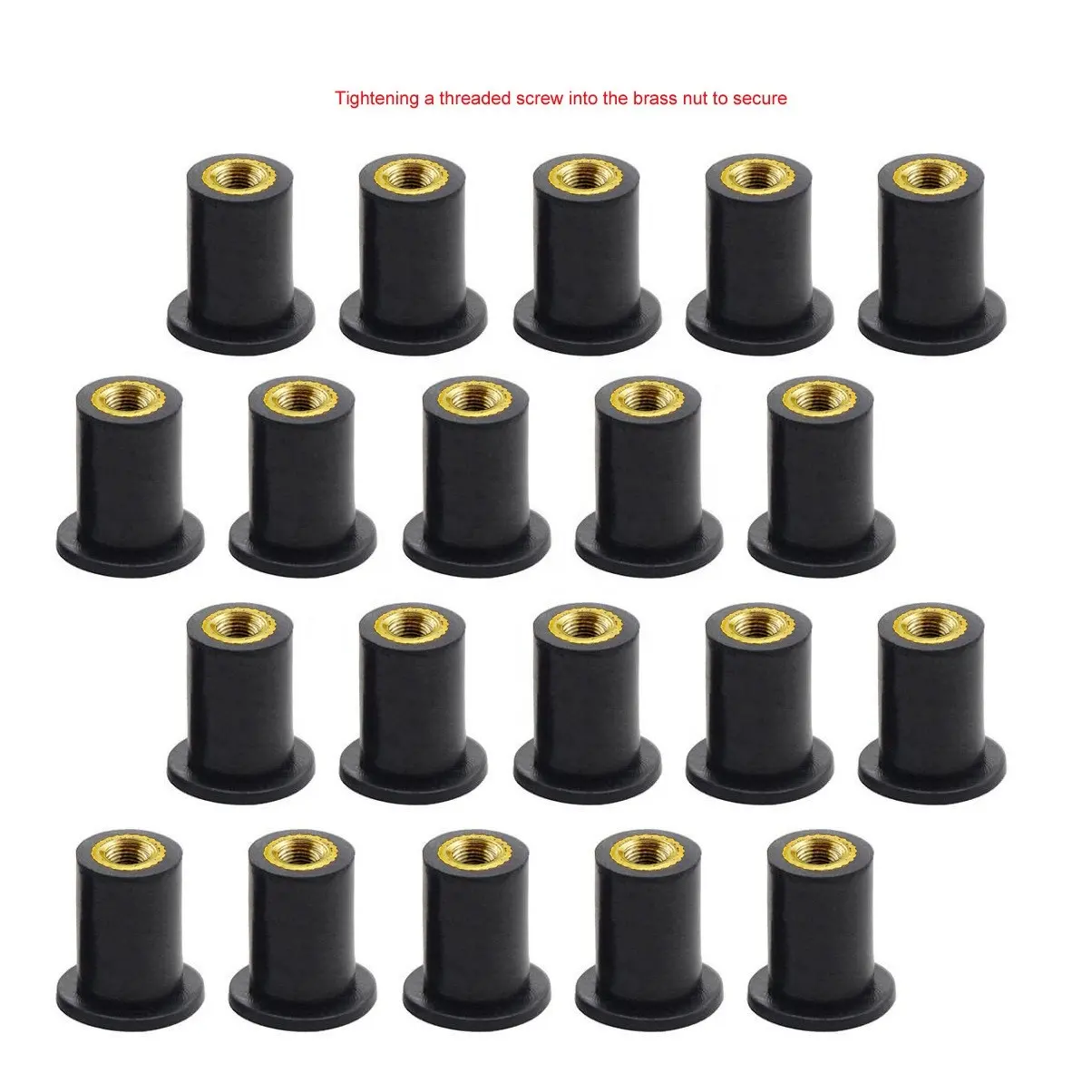 Rubber nuts consist of a flanged neoprene rubber sleeve with a captive brass nut rubber rivet well nuts with brass threaded inse