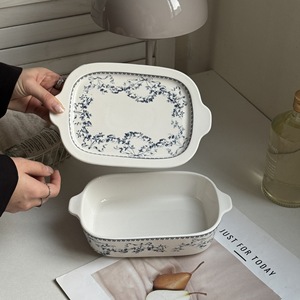 Plat à four en céramique bleu floral vintage de luxe français avec couvercle, résistant au four, pour hôtels et usage domestique - Product Image 2