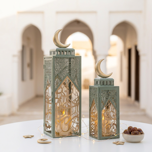 Faroles de Hierro Esmeralda para Ramadán con Diseño Moderno de Luna Creciente y Caligrafía Árabe para Decoración del Hogar - Product Image 5