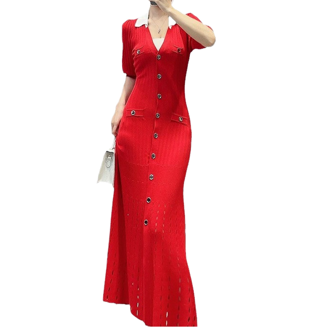 New High-end Red Long Dress for Women Slim Fit and Slimming Contrasting Color V-neck Knitted Dress