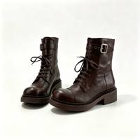 Sepatu Wanita Kulit Sapi Lembut Cokelat Vintage Model Retro Combat dengan Tali, Gesper Logam, Ritsleting Samping, Hak Tebal, Musim Gugur Musim Dingin, MOQ Rendah