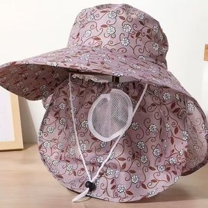 Chapeau de soleil d'été à large bord pour femme, rose à motifs floraux, avec protection de nuque, en maille respirante, pliable, pour la cueillette du thé - Product Image 2