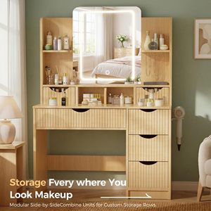 SENYU Coiffeuse Moderne en Bois avec Miroir LED, Tiroirs de Rangement, Crochets à Bijoux et Support pour Sèche-Cheveux, Meuble de Chambre - Product Image 6