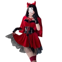 Costume de diable de Noël S15 pour femmes, robe en velours rouge avec bandeau à cornes, cape, gants, tenue de cosplay gothique, fête d'Halloween