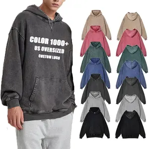 Custom Oversized Badstof Kwaliteit Katoenen Sweatshirt Reliëf Zwaargewicht Geen String Zuur Wassen Vintage Trui Hoodie
