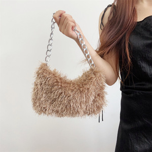 Women Shoulder Bags 2026 Solid Color Fuzzy <b>Purses</b> High Quality Fluffy Faux Lamb Fur Handbags for Women - Product Image 3
