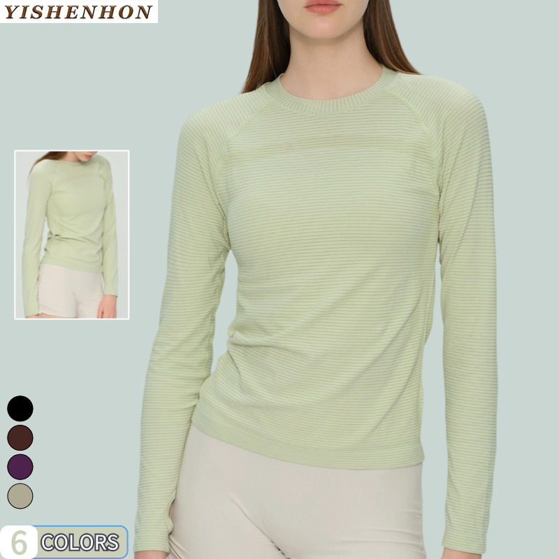 YSH Women's Pilates Long-Sleeved Seamless Breathable Workout Tops with for Yoga Round-neck Versatile Fitness Training Clothes