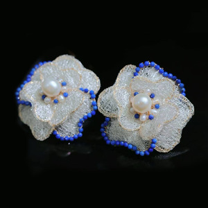 14K Gold Filled Floral <b>Stud</b> Earrings, Italian Metal Lace Handmade Earrings With Natural Freshwater Pearl & Lapis Lazuli - Product Image 4