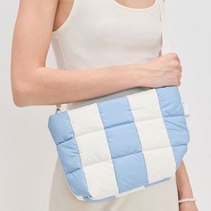 Women's Custom Eco-Friendly Nylon Waterproof Quilted Makeup Organizer Pouch Blue Striped Large Capacity Lightweight Durable - Product Image 5