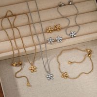 Perhiasan Set Terbaru Trendi Lapis Emas 18K Baja Anti Karat Zirkon Liontin Bunga Kalung Gelang Terbuka Anting Stud