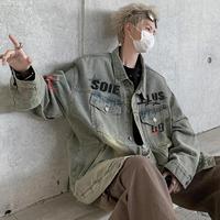 Blouson en jean vintage respirant pour homme, coupe baseball, délavage clair, avec broderie personnalisée et imprimé lettres, style streetwear