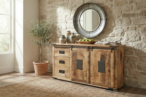 Buffet vintage en bois indien récupéré, meuble TV avec deux portes et trois tiroirs, rangement rustique en métal - Product Image 3