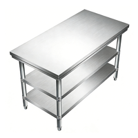 Plan de travail en acier inoxydable 304 de qualité commerciale, robuste, à 2 niveaux, avec pieds ronds, table de travail en acier inoxydable pour la restauration et la cuisine