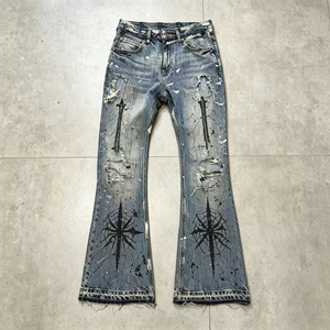 <span class=keywords><strong>Jean</strong></span> Homme Personnalisé OUNA – Effet Usé, Déchiré, Coupe Évasée, Graphisme Croisé, Éclaboussures de Peinture, Denim Vintage Délavé, Tissu Épais - Product Image 1