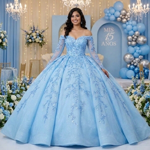 Vestido de Quinceañera Lsany270 Romántico Azul Claro con Pedrería, Apliques Florales de Cristal y Corsé en la Espalda Jancember - Product Image 1