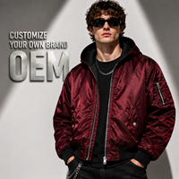 Blouson bomber à capuche bordeaux pour homme avec logo personnalisé, blouson de vol MA-1, rembourré, en nylon satiné, streetwear, manteau d'hiver, fabricant OEM