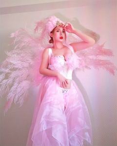 Costume de spectacle, Plumes pour le dos, Coiffe, Gogo femme, Bikini en tulle blanc, Tournée commerciale de danse DS - Product Image 1