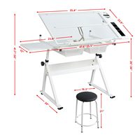 Bureau d'art de table de rafting blanc avec prise de courant et tabouret Table de dessin inclinable réglable Bureau d'artiste Station de travail artisanale