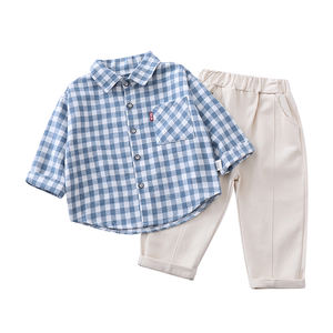 International Kids Wear Brands Children Khaki <strong>Trousers</strong> Plaid Shirt Pant Design Boy Set - Product Image 1