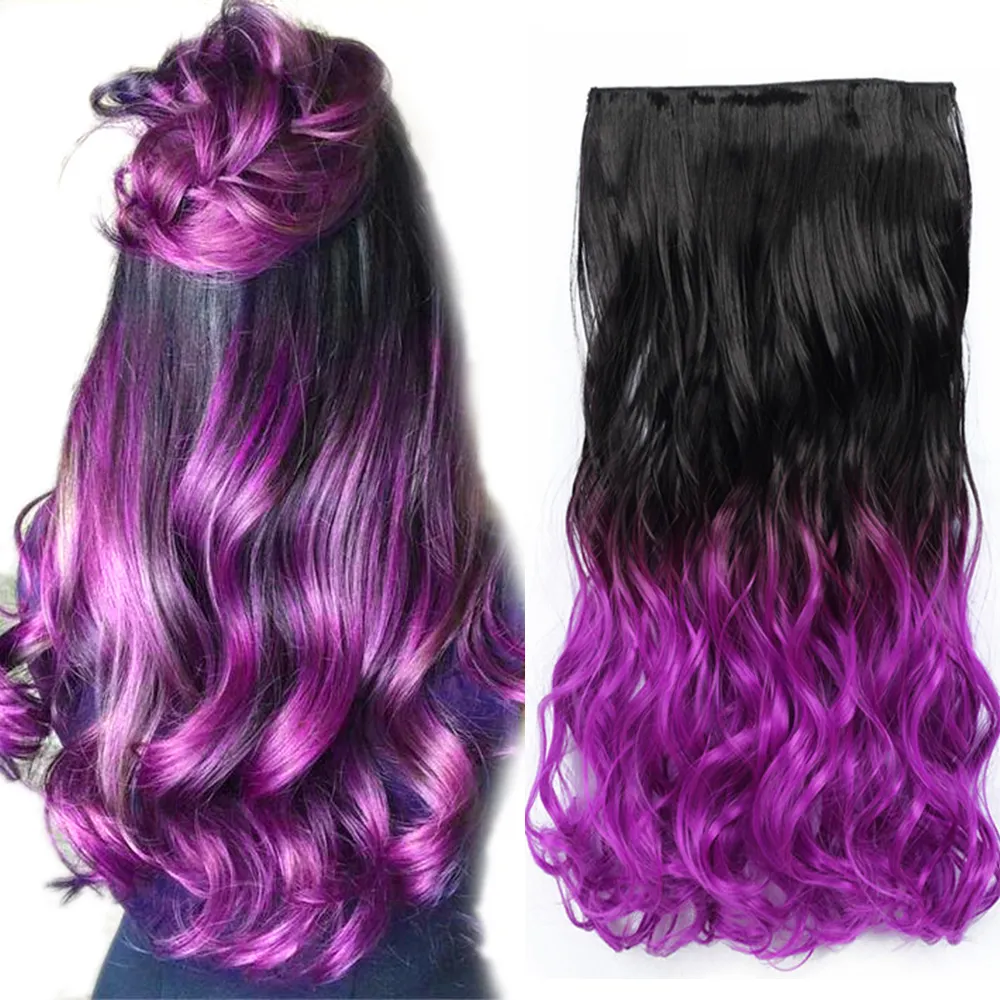 Wholesale 22'' Cheap Blonde Purple Ombre Long Curly Wavy Synthetic Hair Extensions 1 Piece 5 Clips In Hair Extensions For women