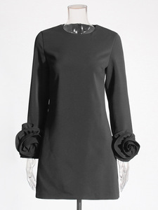 2025 été <span class=keywords><strong>nouvelles</strong></span> femmes à manches longues robe courte Style littéraire français cou en trois dimensions fleur couture taille libre pour le jour - Product Image 4
