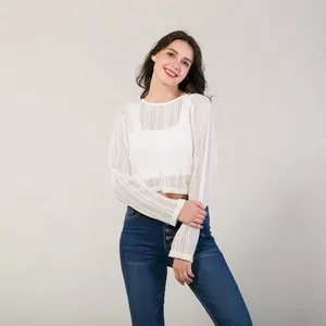 2023 Factory Direct Supplier New Arrival Women's Knitted Hollow Top Full Sleeve Solid O-neck for Summer
