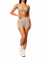 Ensemble de yoga personnalisé pour femme, été, uni, grande taille, léger, premium, avec soutien-gorge de sport sans couture à dos nu et short taille haute froncé pour la gym