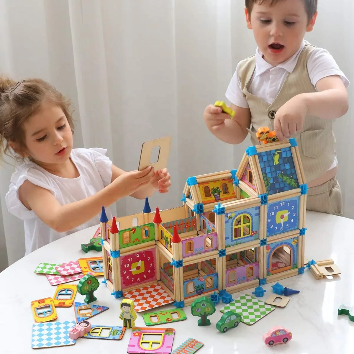 Casa de muñecas con castillo de madera para 2 personas, modelo de arquitectura DIY, juego de simulación, juguetes educativos