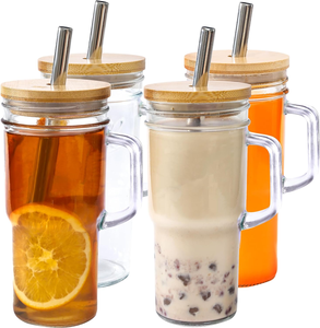 Sublimation 24oz <strong>Mason</strong> <strong>Jar</strong> Coffee Cup <strong>with</strong> <strong>Handle</strong> Reusable Glass Drinking Cups <strong>with</strong> Bamboo Lid and Straw - Product Image 4