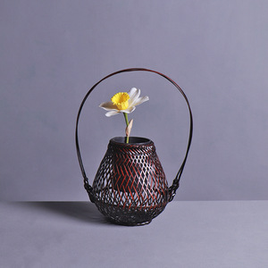 Bamboo Flower Basket Small Round Mouth Zen Style Chinese Decor Vase For Home Floral Arrangement - Product Image 1