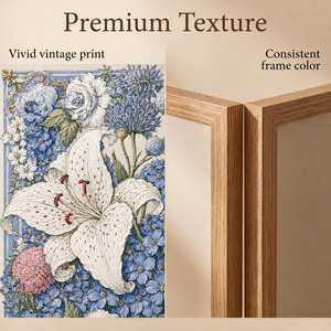 Peinture à l'huile artisanale vintage à motif abstrait rectangulaire, lys et jacinthe, style Art déco, cadre en bois, décoration murale blanche - Product Image 3