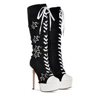 Bottines gothiques pour femmes à plateforme noire et blanche, hauteur genou, avec boucles étoiles métalliques, lacets avant, fermeture éclair latérale, talon aiguille ultra fin