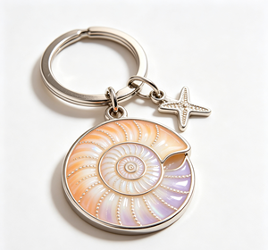 Porte-clés Coquille d'Ammonite Aspect Naturel Pendentif Métallique Breloque Étoile de Mer Accessoire Cadeau Rond - Product Image 3