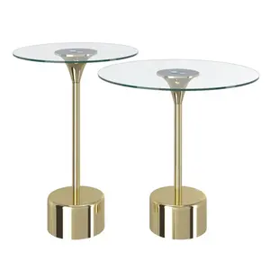 CONTEMPORARY AND FUNCTIONAL 2 PIECES GLASS COFFEE TABLE SET ACRYLIC SIDE TABLE WITH POLISHED METAL FINISH