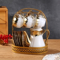 Ensemble de théière en céramique rétro de style européen, luxe léger, avec soucoupe à bord doré, ensemble de tasses à thé de l'après-midi, ensemble de 13 tasses à eau