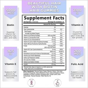 Gomillas de pelo veganas 3 en 1 para el crecimiento del cabello, gominolas de biotina para la piel del cabello, gominolas de biotina para la piel, OEM con etiqueta privada vegana - Product Image 2