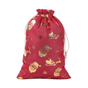 Stok emas dicap Natal pola Linen permen tas 1-24 kedatangan kalender bundel mulut katun kemasan hadiah tas