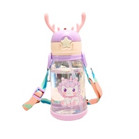 Botella de agua de plástico de 600 ml con pajita, diseño de dibujos animados, para niños de preescolar y primaria.