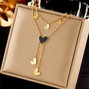 Unique Fashion Double Layer 18k Gold Tarnish Free Stainless Steel Multi Heart Pendant Necklace Women