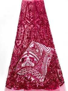 Tissu en dentelle africaine Aso Ebi tridimensionnelle tricotée et brodée, élégante, violette, à sequins et perles, tendance, pour mariages et sacs de cérémonie - Product Image 4
